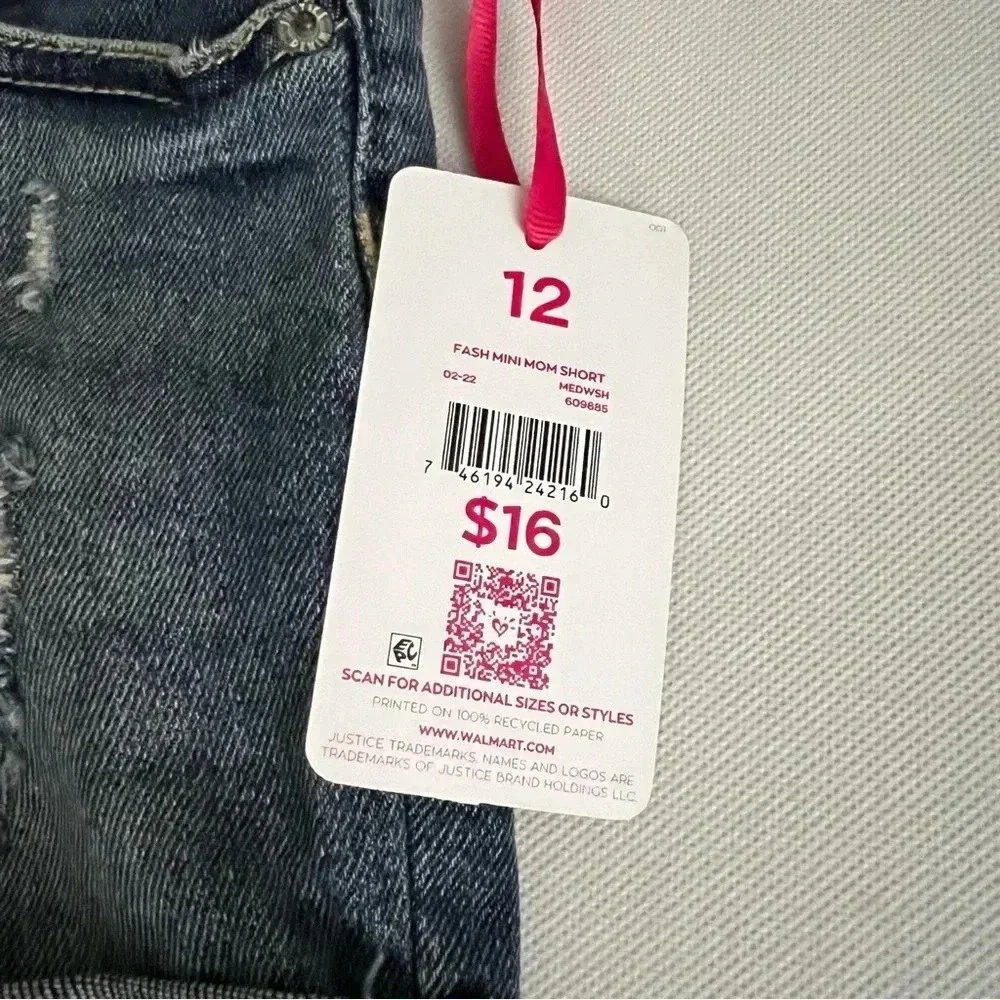 Justice Girls Mini Mom Destroyed Blue Denim Shorts Size 12 Cuffed Hem Pockets